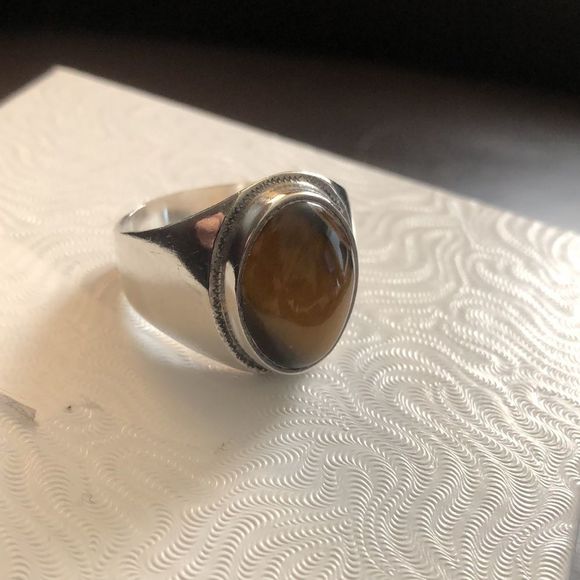 M VINTAGE Tigers Eye Sterling Silver Cabochon Oval Ring Sz 14-1/2 - Picture 5 of 14